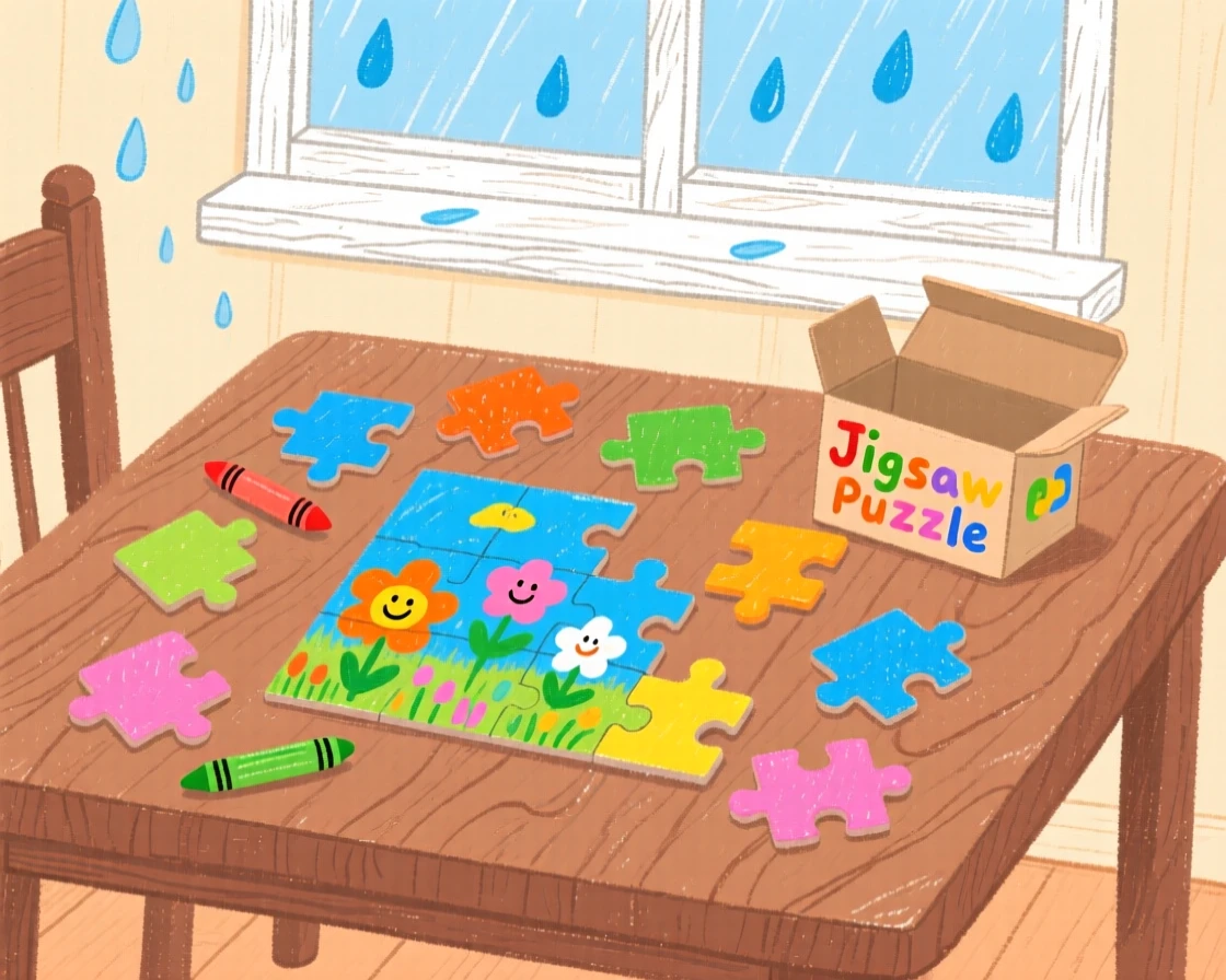 A jigsaw puzzle half finished on a rainy afternoon table.