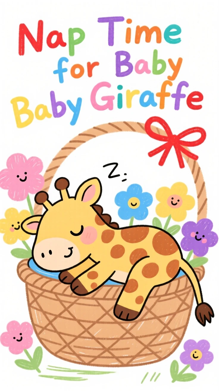 A wobbly baby giraffe napping in a basket of soft flowers.