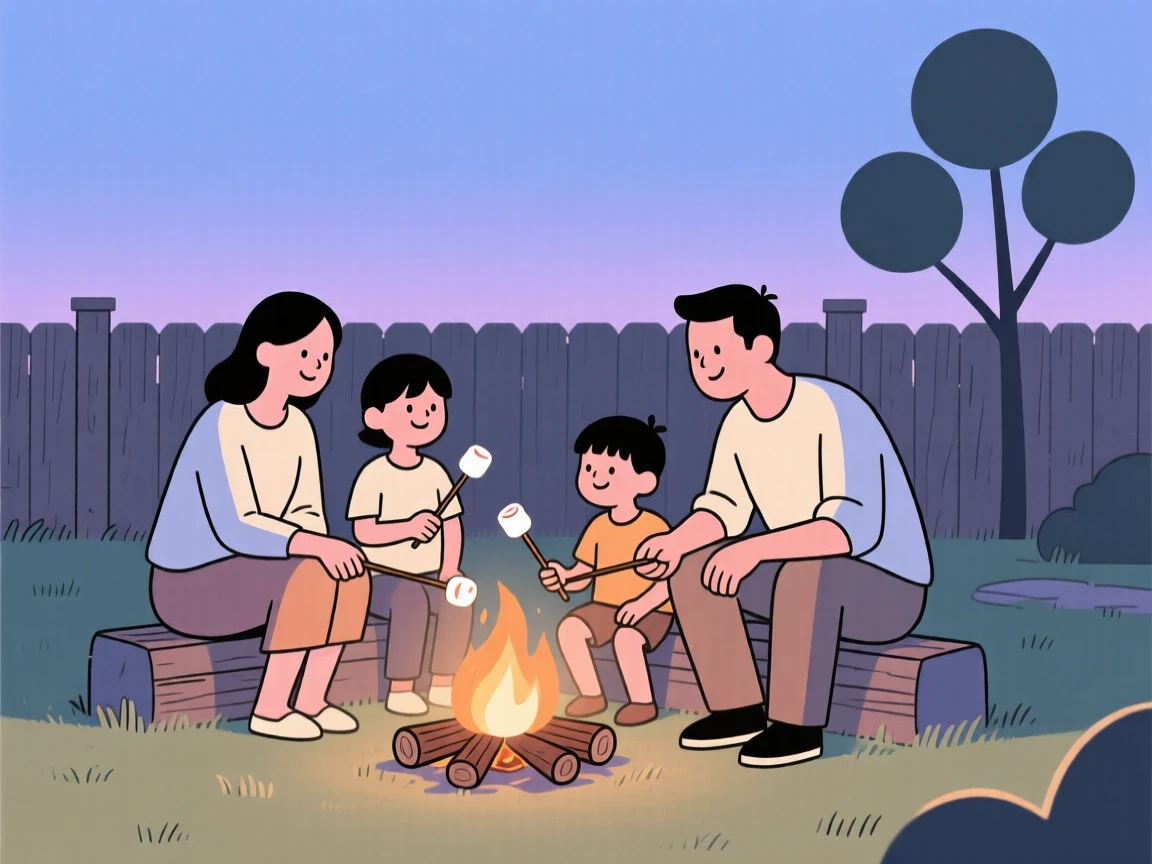 A family roasting marshmallows together in their backyard.