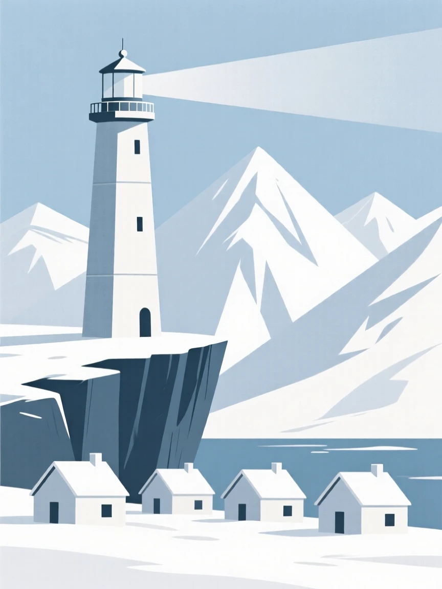 A view of a lighthouse on a cliff at a snow-covered alpine village, framed by distant mountain peaks, capturing adventurous excitement.