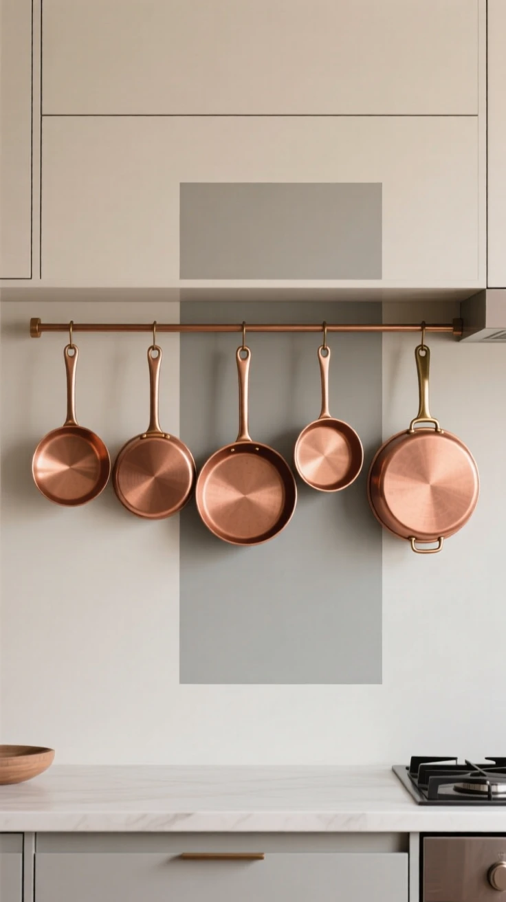 A kitchen with hanging copper pots and pans
