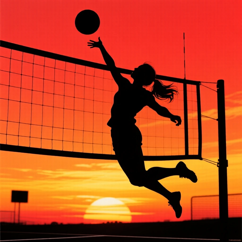 A volleyball player leaping to spike the ball over the net.
