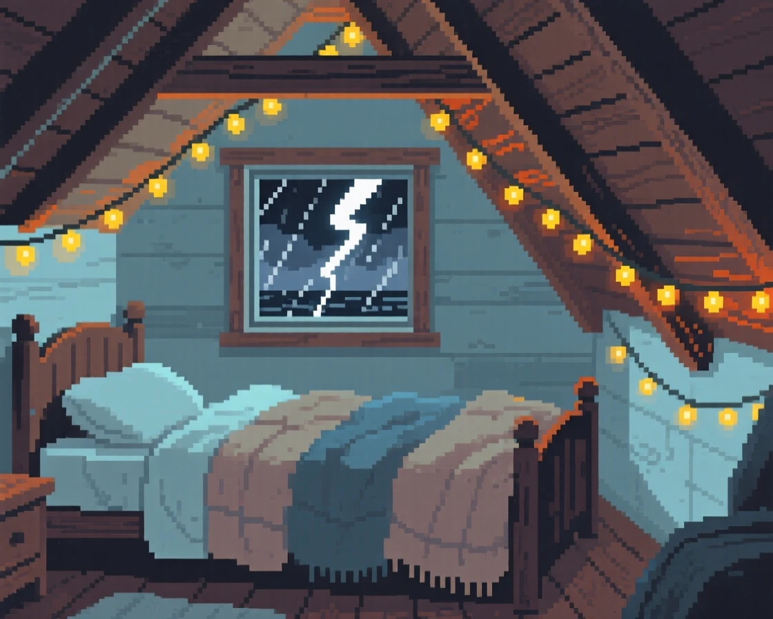 A tiny attic bedroom covered in blankets and fairy lights, inside a seaside cottage during a storm.