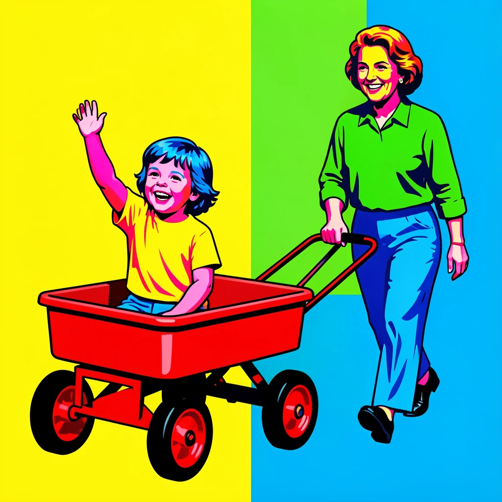 Child waving from a red wagon being pulled by a parent