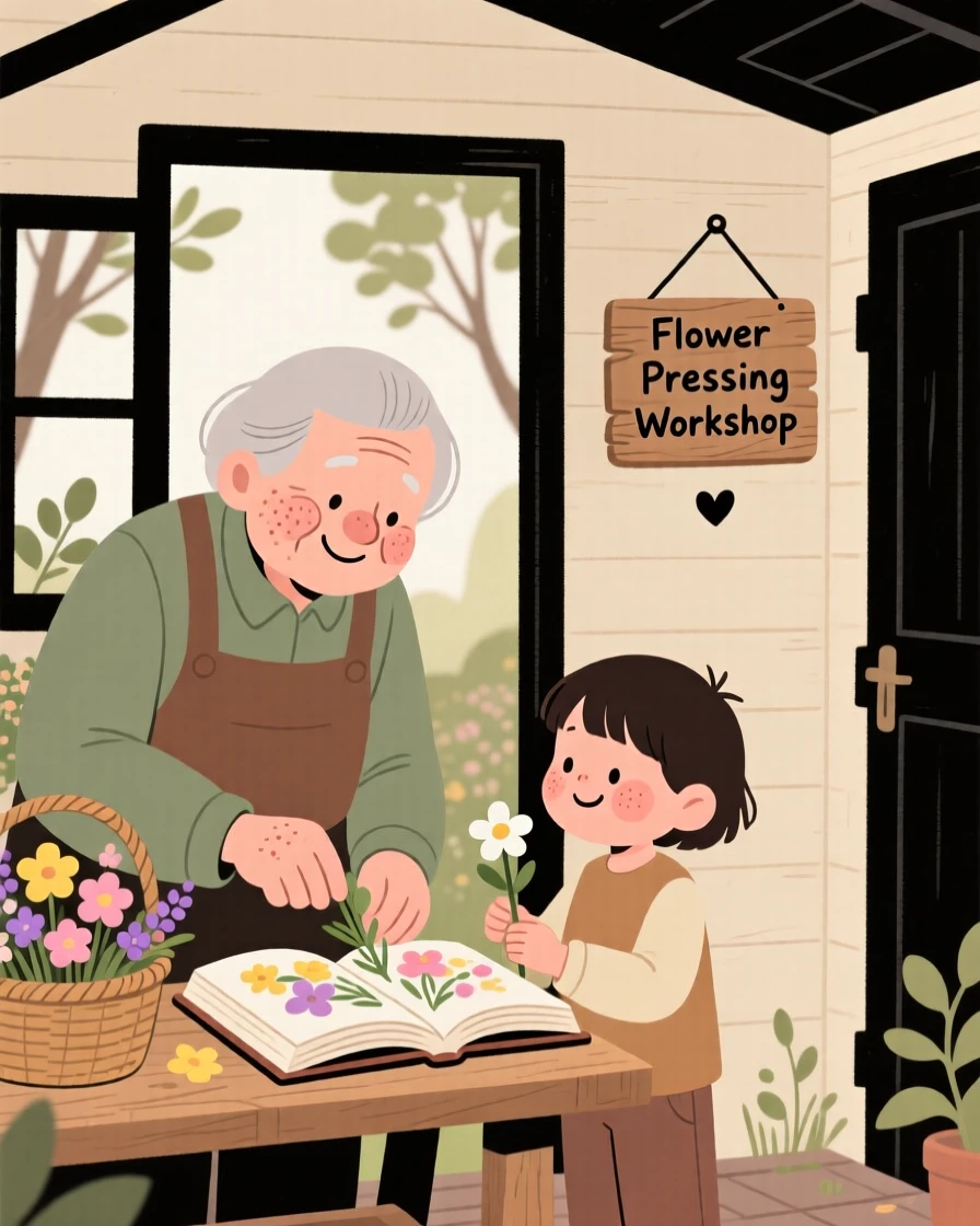 A grandparent shows a young grandchild how to press flowers between book pages in the garden shed, both taking their time as a light breeze moves through the trees.