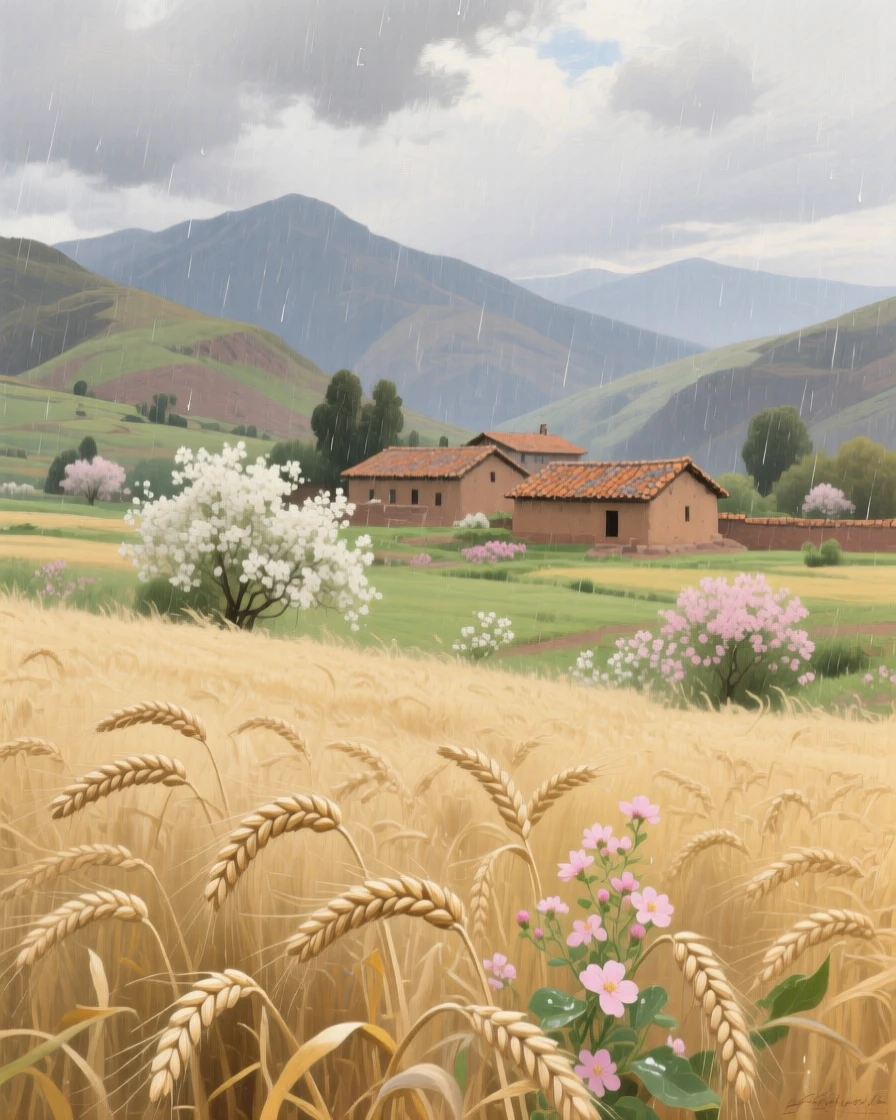 A sweeping wide shot of a wheat field swaying gently under an open sky, in a Peruvian Andean village, as spring blossoms open, during a gentle spring shower.