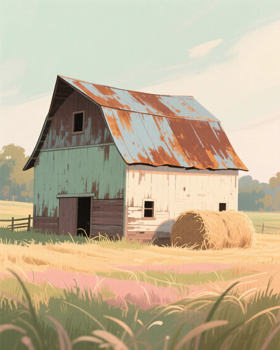 A weathered barn with a rusted tin roof standing in a hayfield