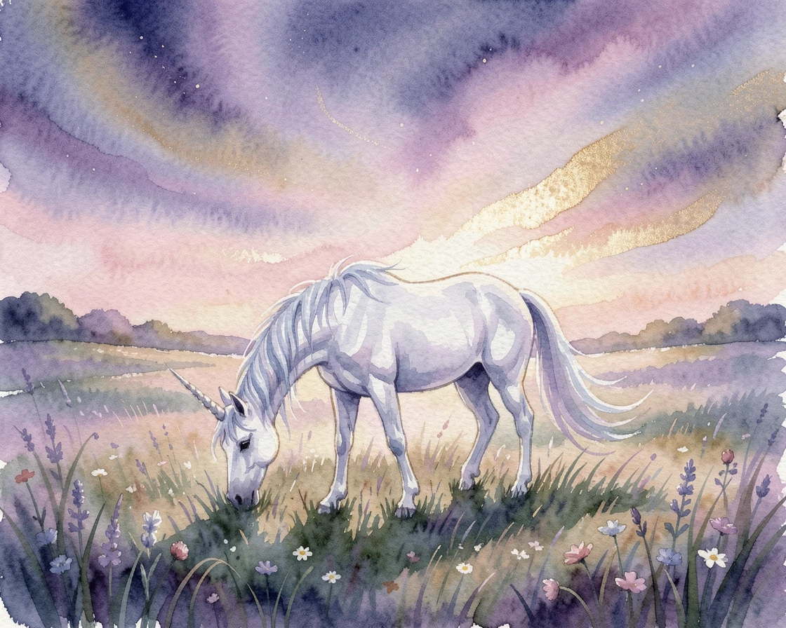 A unicorn grazing in an enchanted meadow under a sky full of swirling colors.