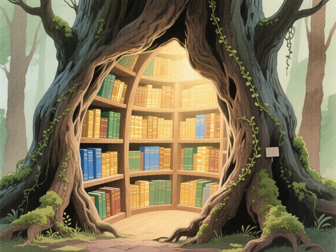 A hidden library glows inside a giant hollowed tree trunk, its shelves lined with ancient glowing books