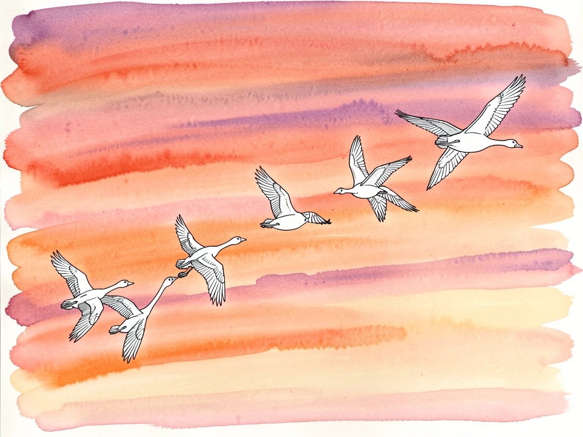 A flock of geese flying in formation across a colorful sunset sky, their movements calm and unhurried in the quiet surroundings.