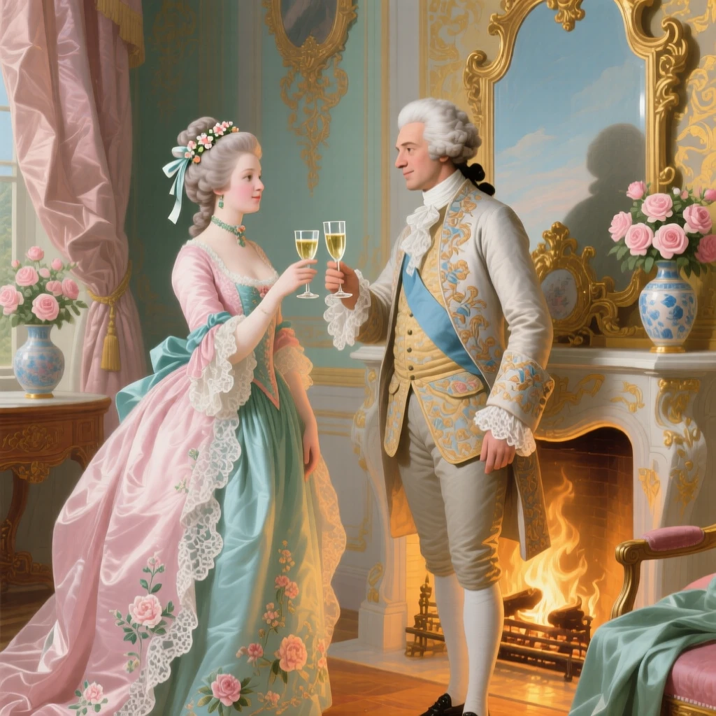 A noble couple sharing a toast beside a glowing fireplace  