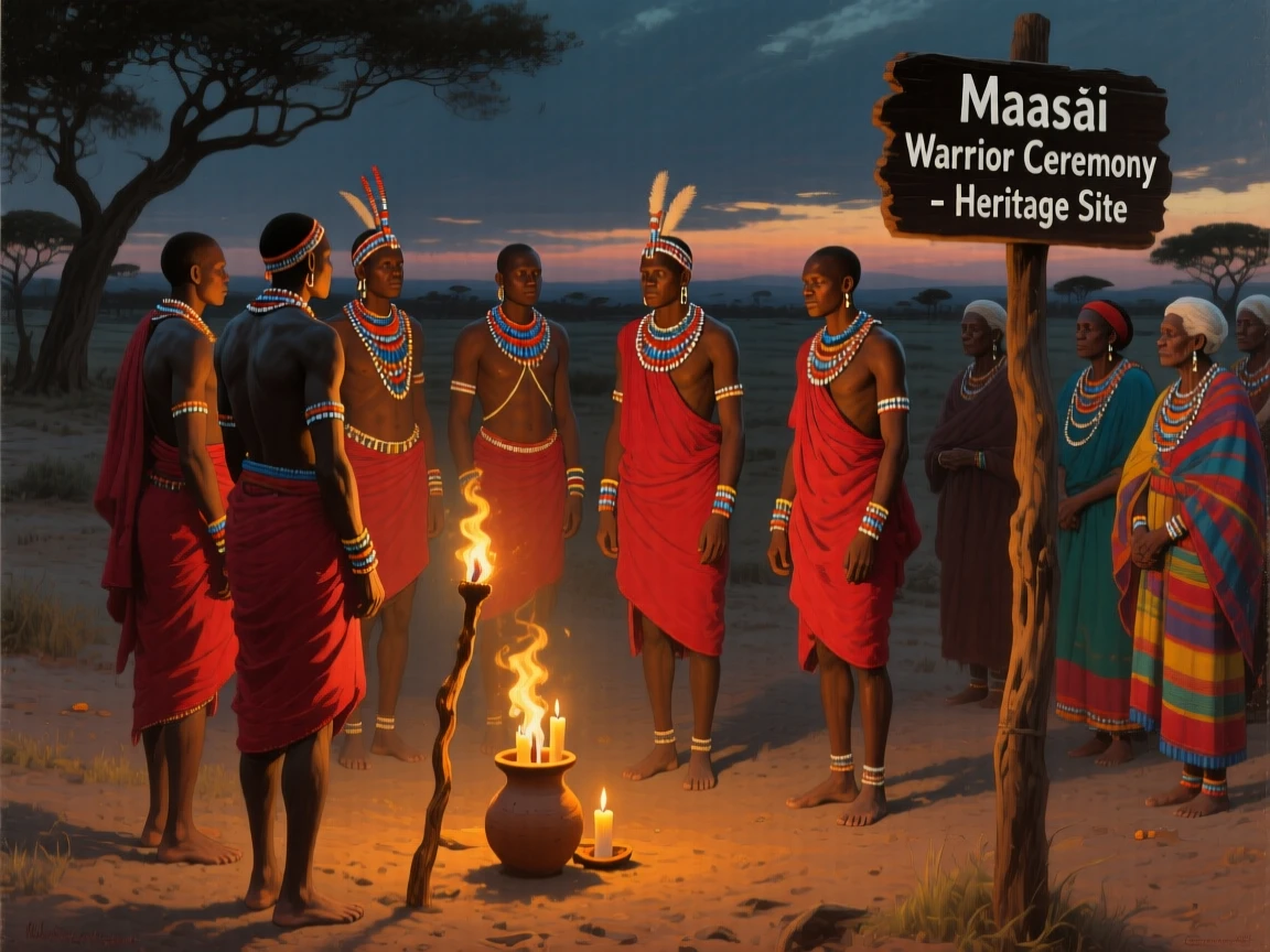 A traditional Maasai ceremony with warriors dressed in vibrant red and beadwork, as warm candlelight or torchlight fills the surrounding space, designed to feel both historically authentic and visually striking