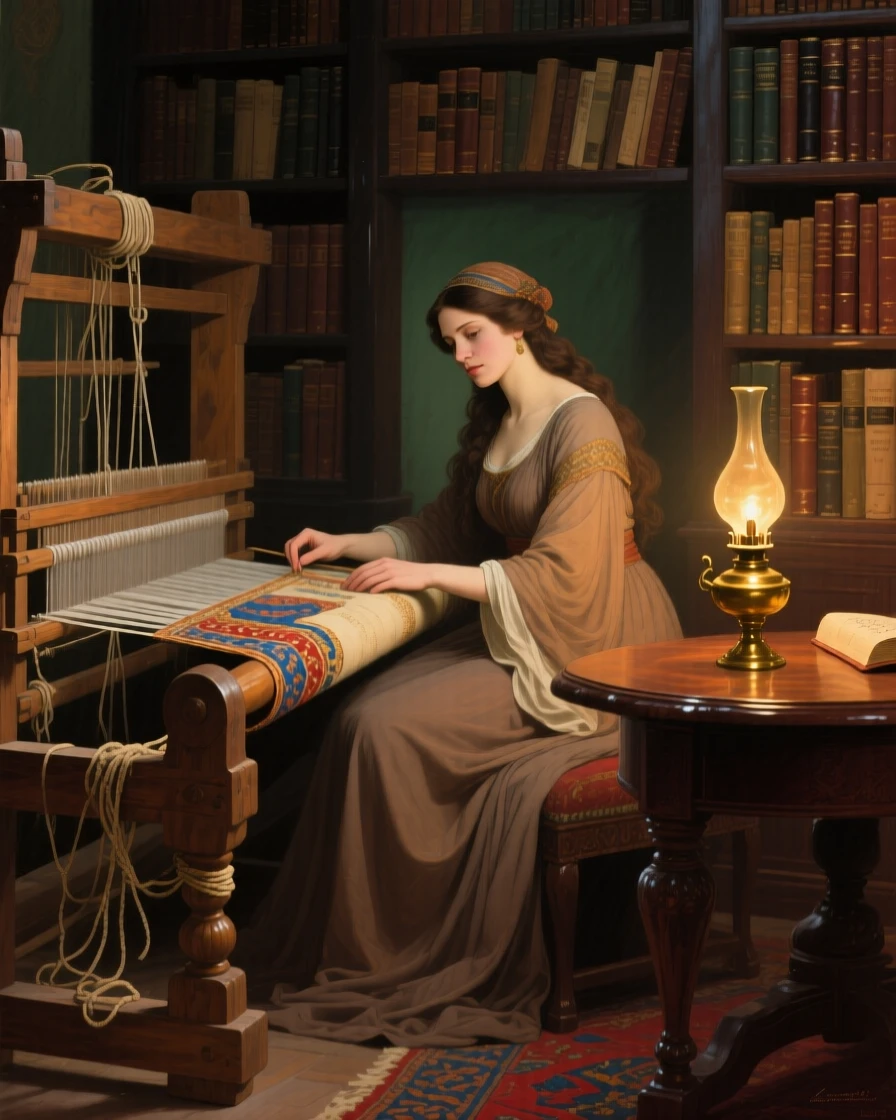Scheherazade weaving a tale to a captivated sultan by lamplight in a scene familiar yet freshly reimagined, set within a cozy library filled with worn, beloved books, with an old wooden loom, tangled threads, and a half-finished tapestry; foreground props hint at the tale without overwhelming the central figure, suggesting the enduring power of myth and memory.