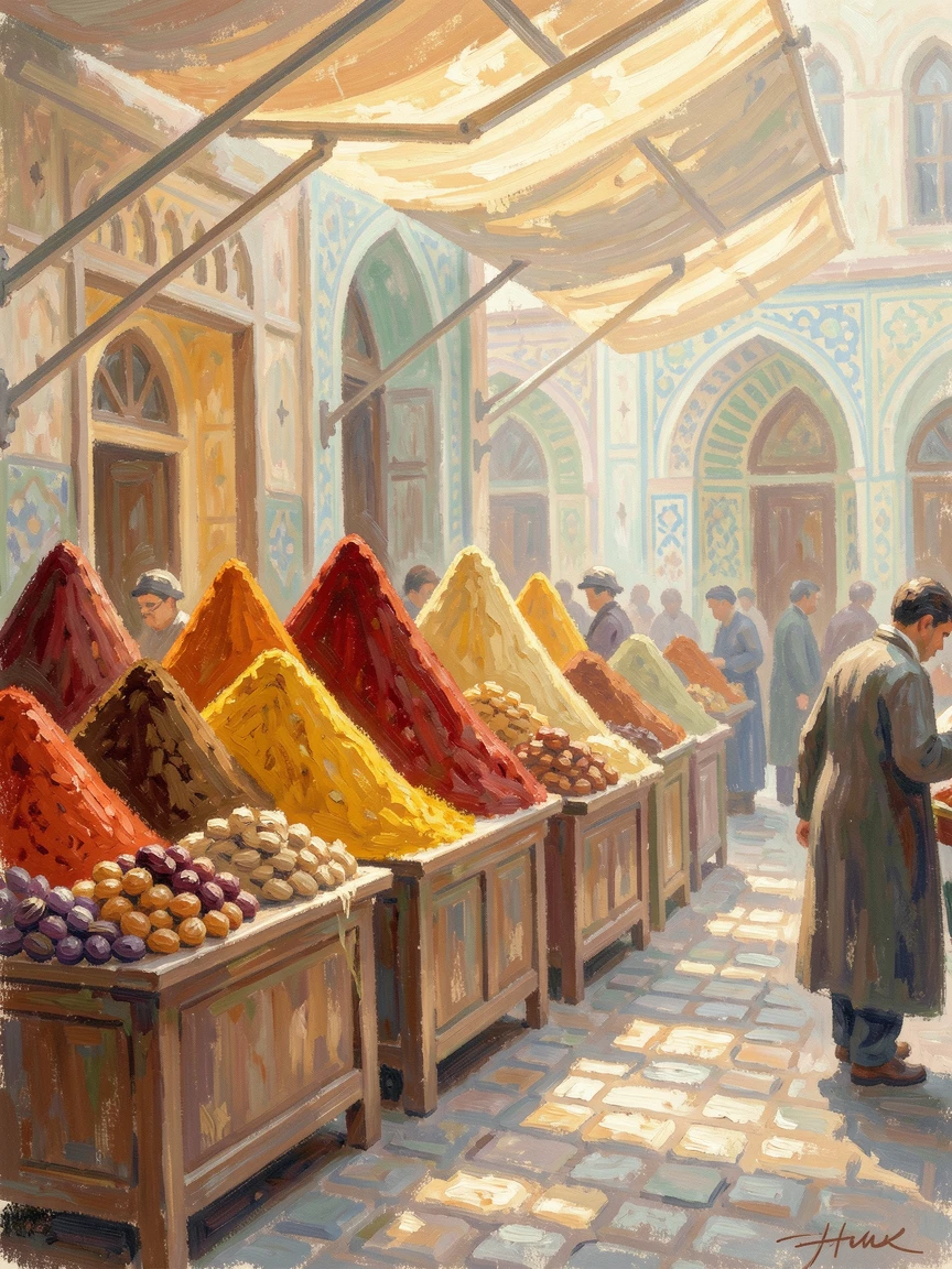 A bustling Istanbul spice market with towering pyramids of colorful ground spices and dried fruit, radiating serenity and gentle stillness.
