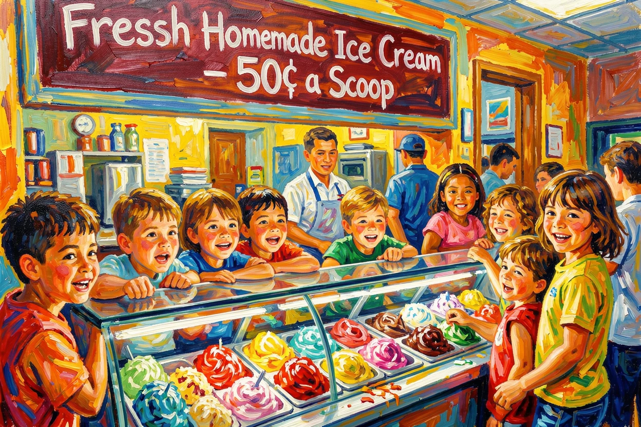 A busy ice cream parlor on a hot summer day, children pressed against the glass counter.