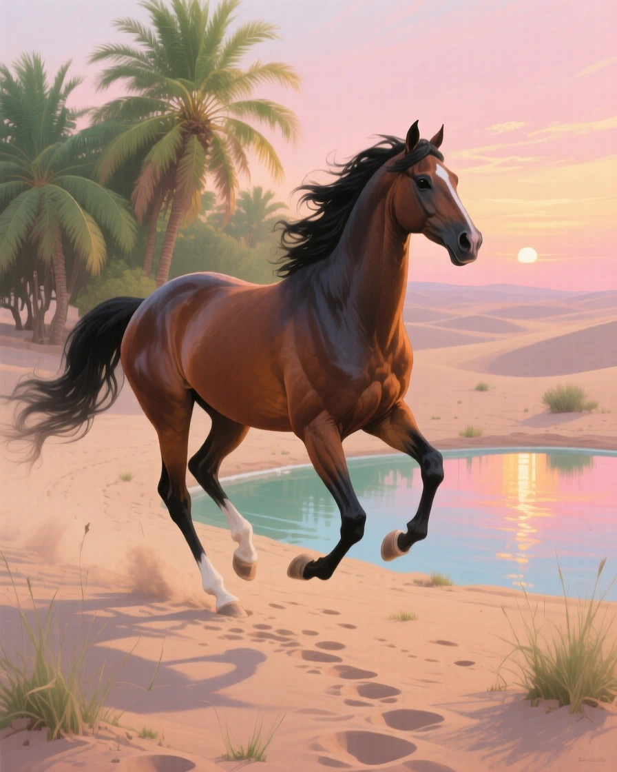 A majestic Arabian horse gallops across a desert oasis at dawn, palm trees and a small pool of water visible in the background, small environmental cues, like tracks or disturbed grass, hinting at its recent movement.