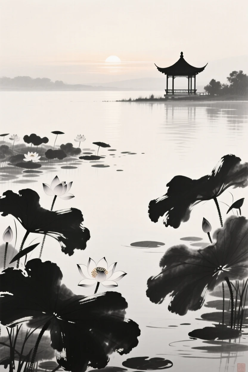 A pond filled with blooming lotus flowers stretches toward a distant pavilion, beneath the first light of a summer morning.