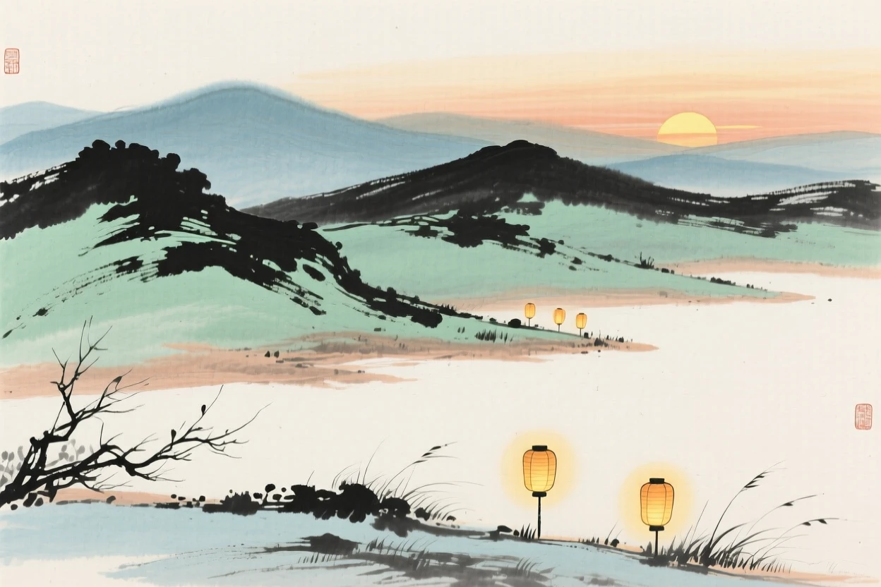 The last light of day fading behind a row of distant hills, as lanterns are lit for the evening, in the mild days of early winter, carrying a mood of wistful nostalgia.