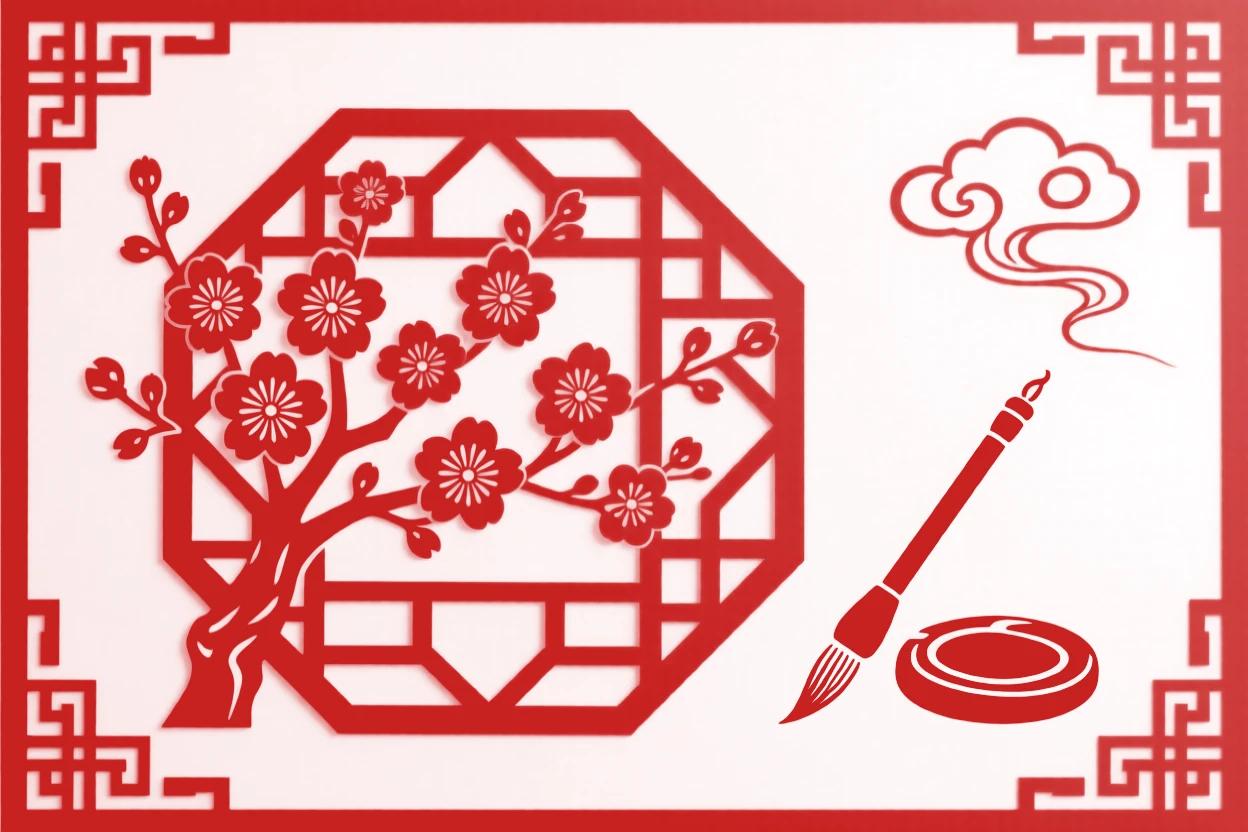 A spray of cherry blossoms climbing a lattice trellis in a quiet courtyard, beside a scholar's brush and inkstone.