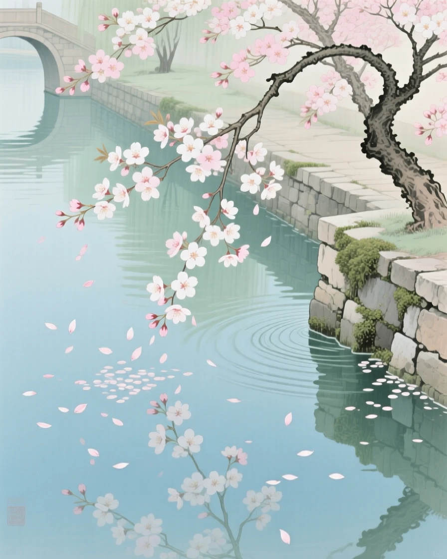 Cherry blossoms drifting onto a still pond beside a slow-moving canal
