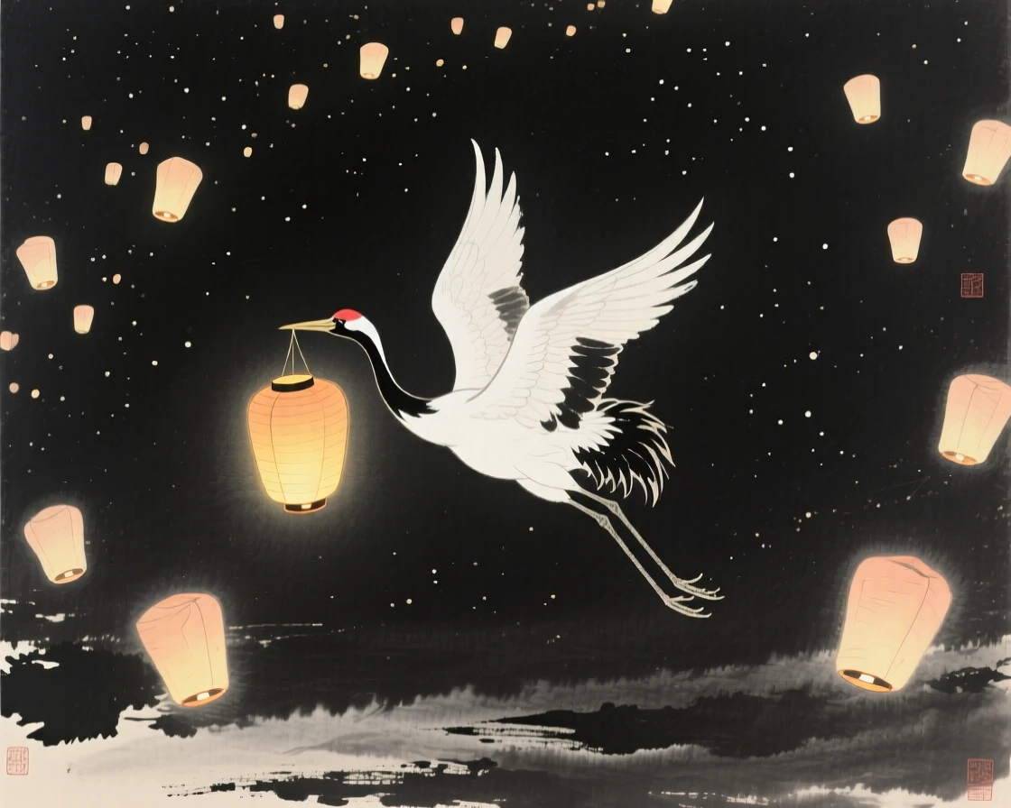 A celestial crane carrying a lantern through the night sky beneath a canopy of glowing lanterns, framed to emphasize scale against a vast open sky, suggesting ancient legend brought gently to life.
