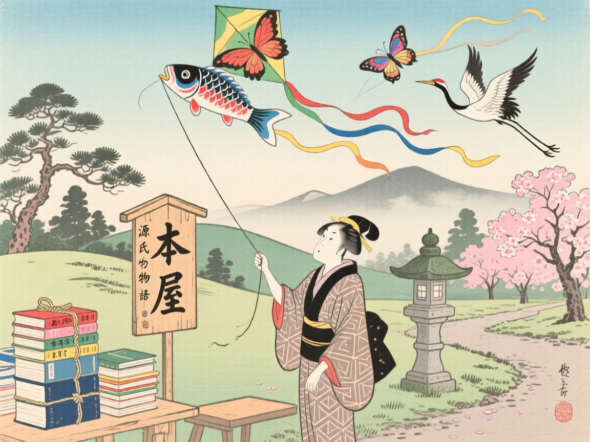 A bookseller flying colorful kites in an open park.