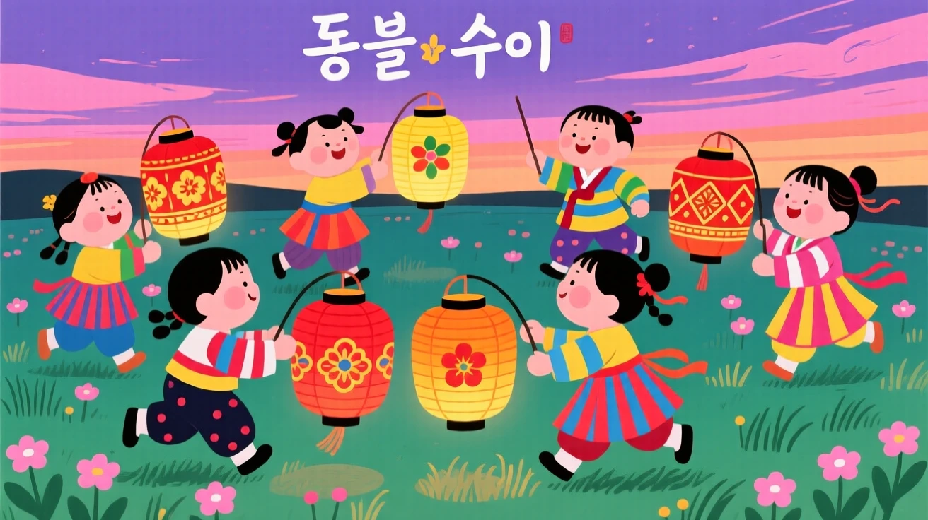 Children playing with paper lanterns at dusk.