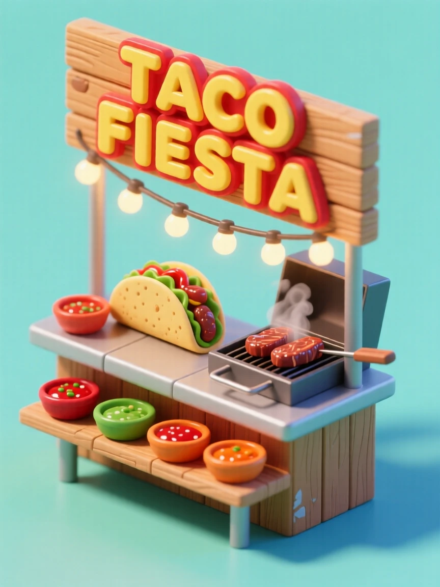 A vibrant taco stand with sizzling meat on a griddle, colorful salsas in small bowls, and string lights strung above the counter.