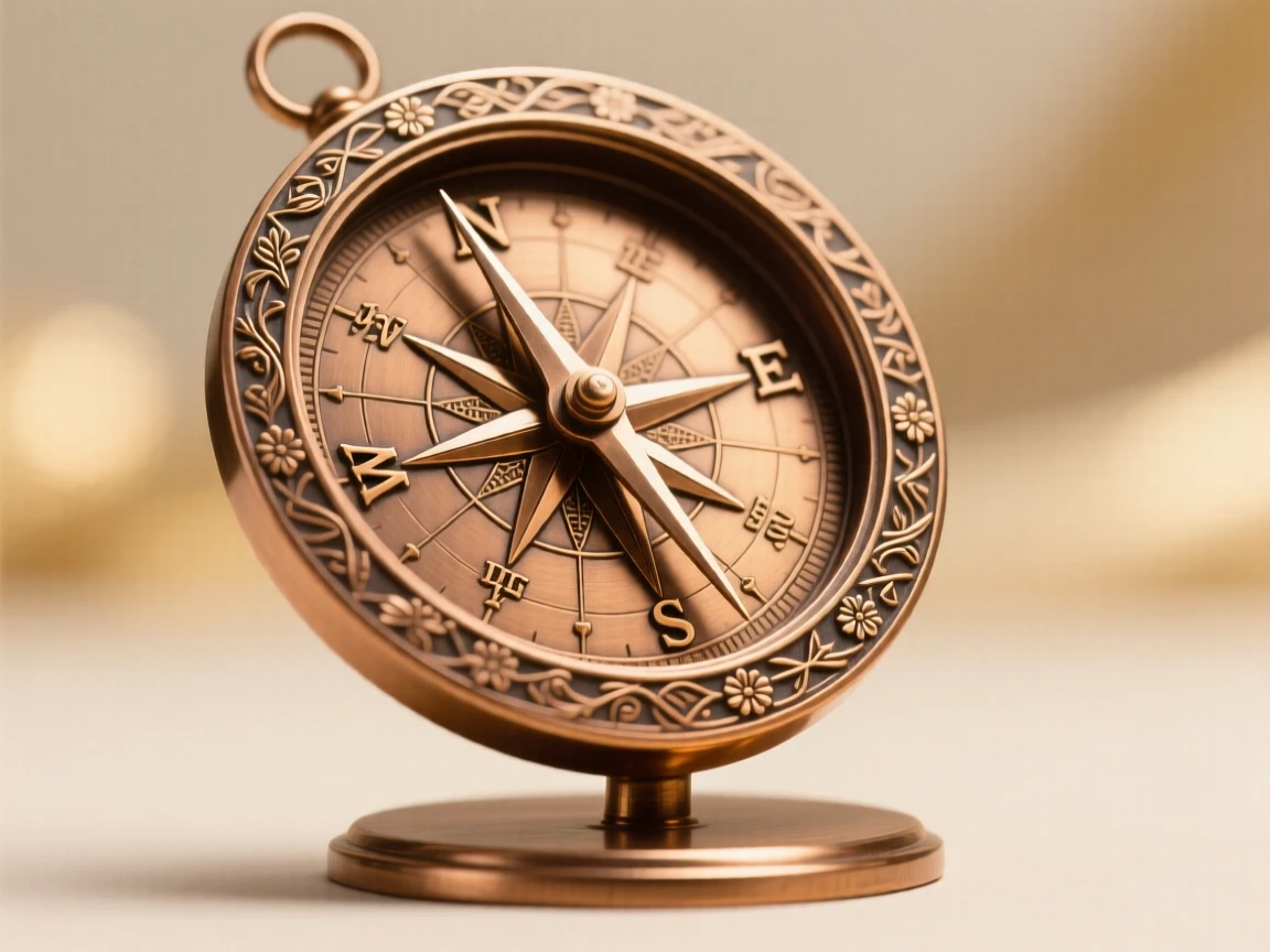 An ornamental compass with detailed engravings, set against a soft, elegant background, radiating elegance and refinement