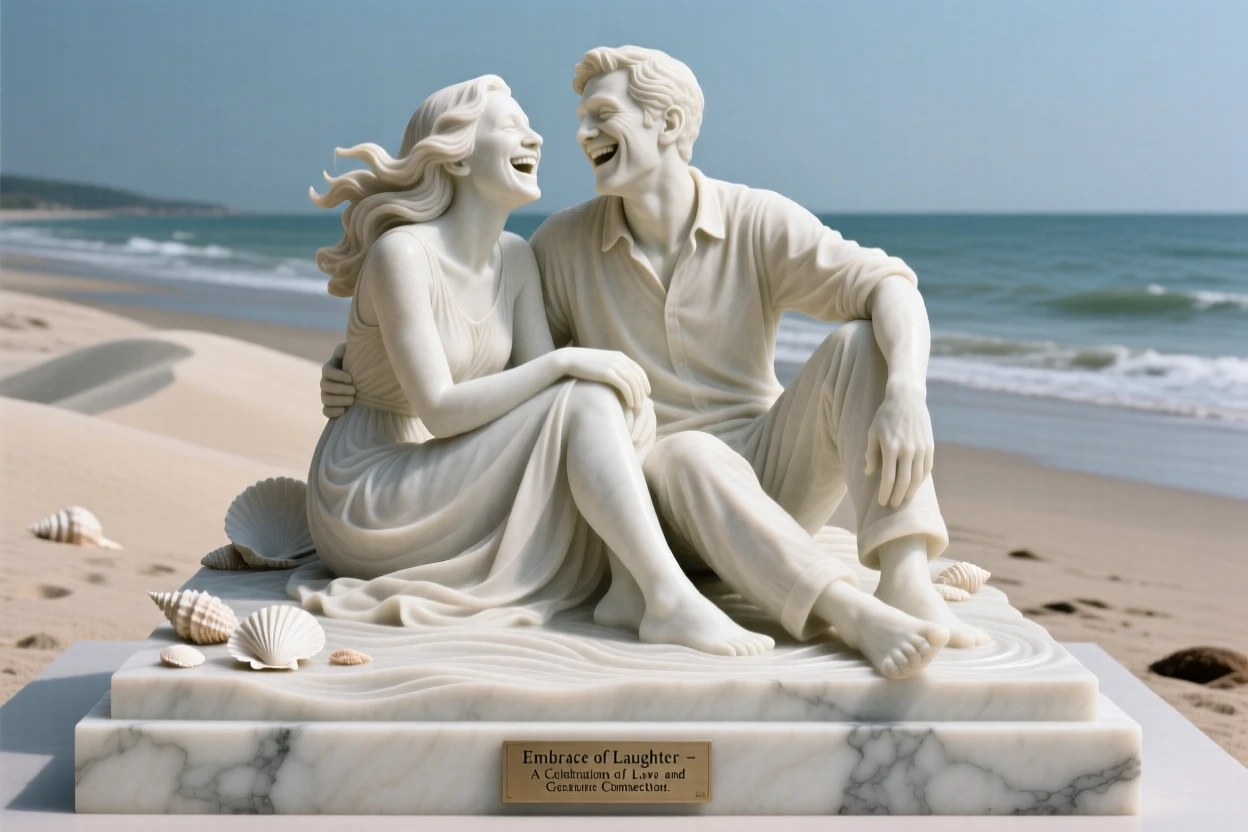 A heartfelt moment showing a couple laughing together on a quiet beach, radiating love and genuine human emotion