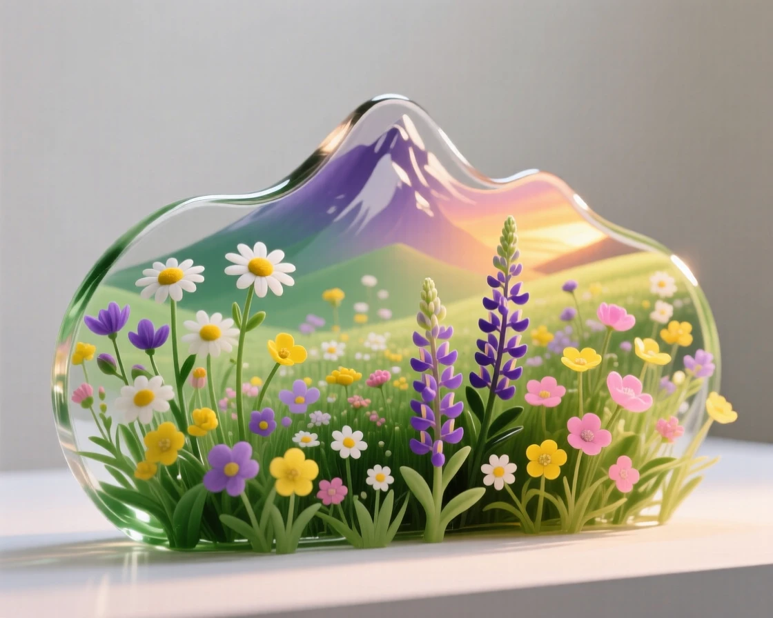 A mountain meadow bursting with spring wildflowers bathed in the warm glow of sunset, rich saturated colors, evoking a deep sense of wonder.