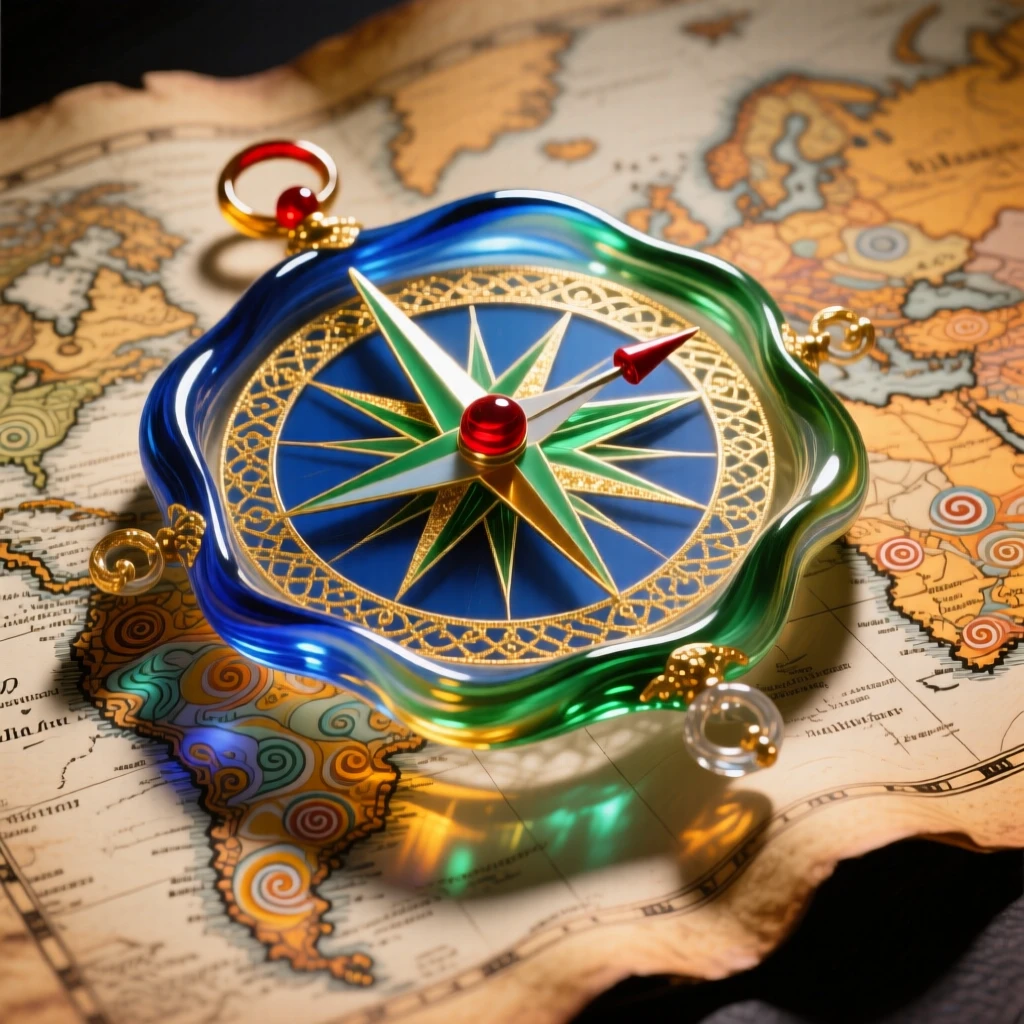 An ornate compass resting atop an old map, adventurous and symbolic.