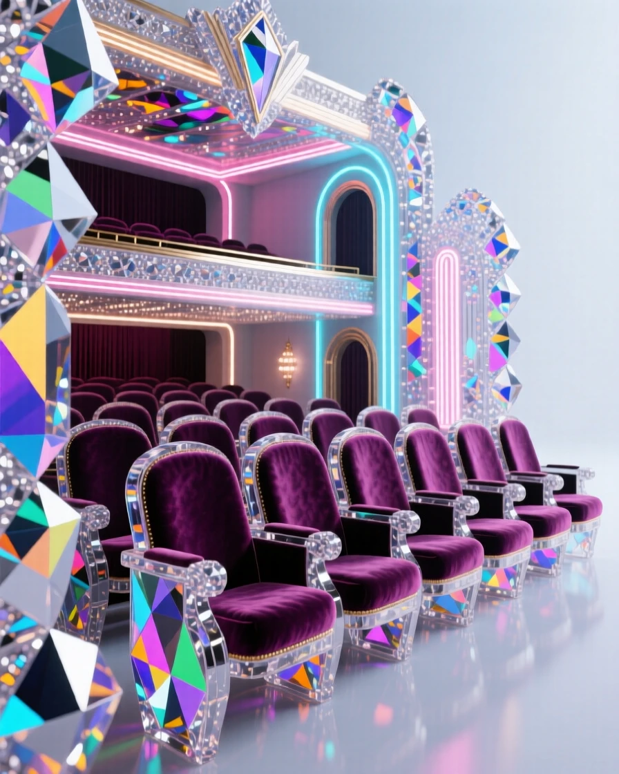 The interior of a luxurious art deco cinema with velvet seats and neon accents.