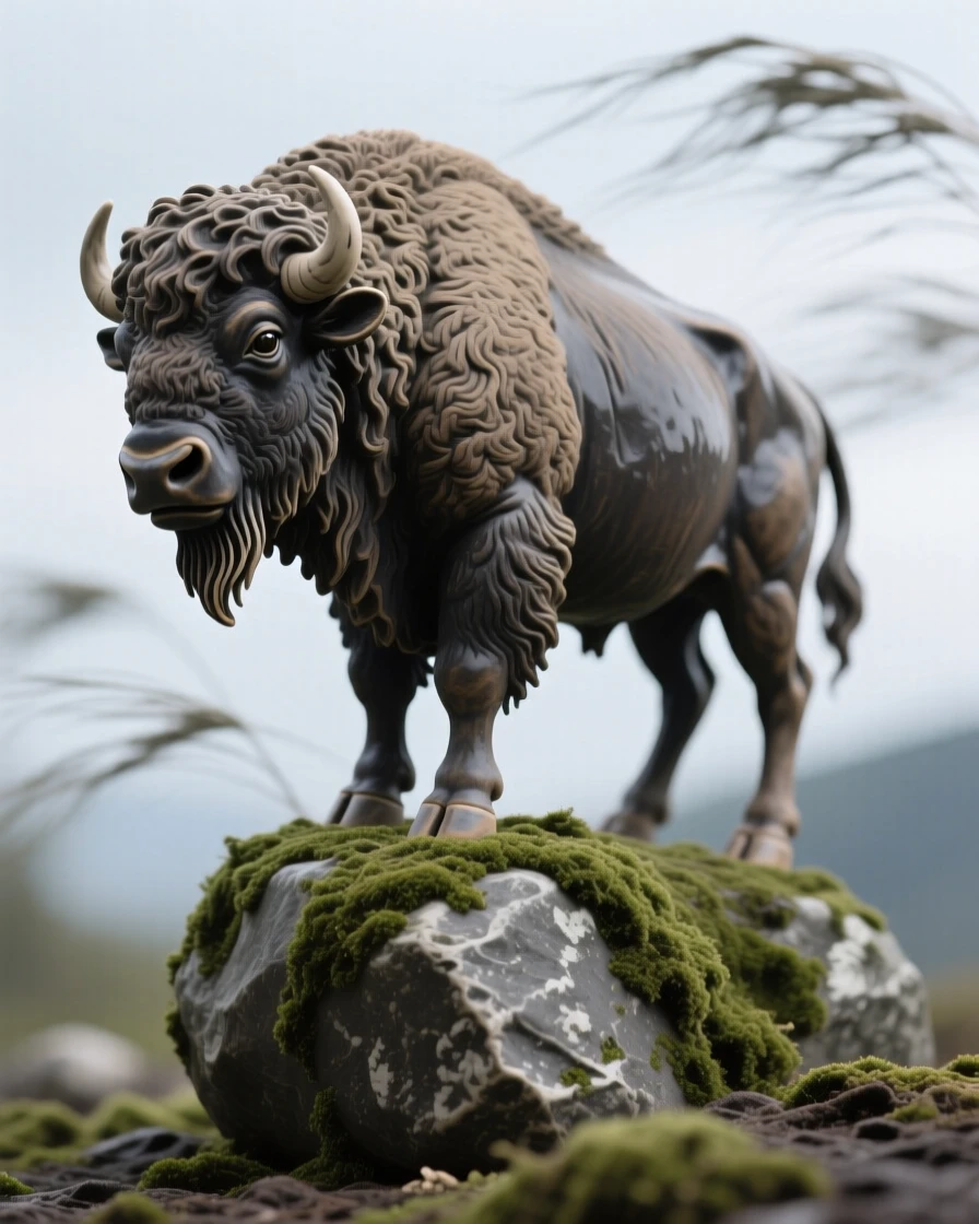 A bison standing firm against the wind perched alertly atop a mossy boulder, with delicate whiskers catching the light, capturing a fleeting moment of untamed grace.