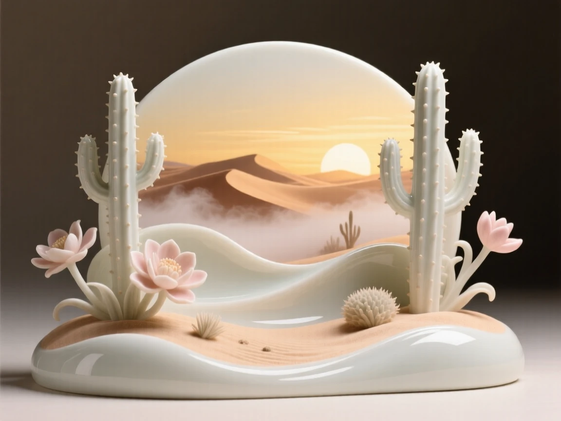A tranquil desert landscape at golden hour, mist rising gently at dawn.