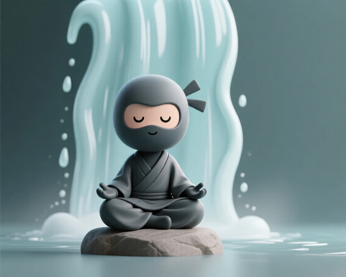 A patient ninja meditates cross-legged beneath a waterfall, robes soaked but expression perfectly calm and focused.