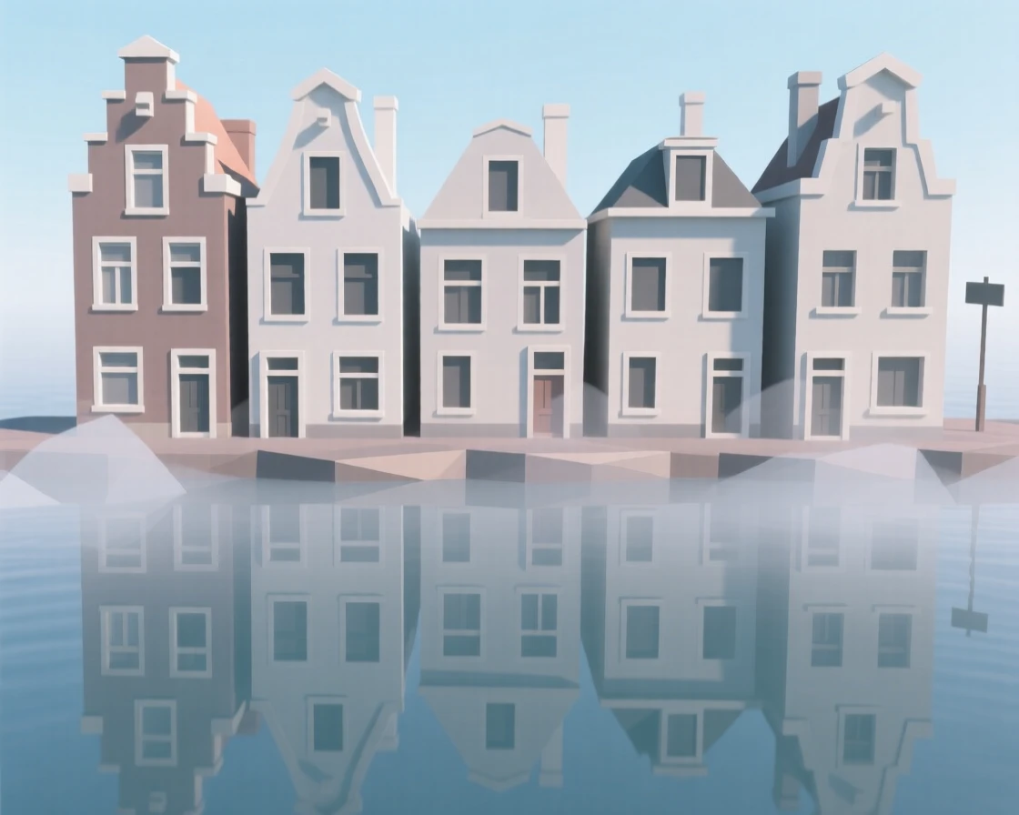 A row of vibrant canal houses reflected in still water, wrapped in early morning fog. soft reflections in water double the architectural detail. The scene feels timeless and charming.