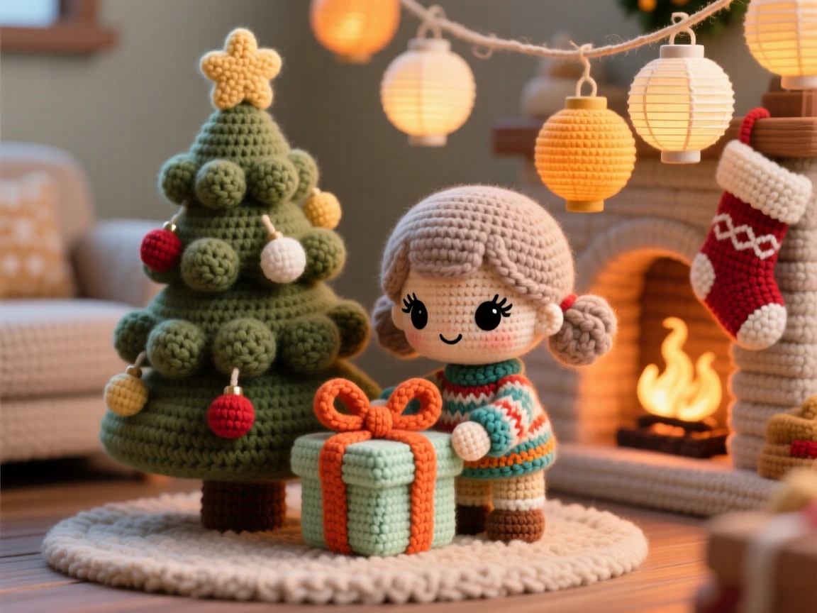 A festive scene of a small child with a wrapped gift tied with a bright ribbon, placing it gently under a decorated tree within a cozy living room decorated for the holidays; a cluster of paper lanterns swaying gently nearby, radiating cozy holiday warmth and togetherness.