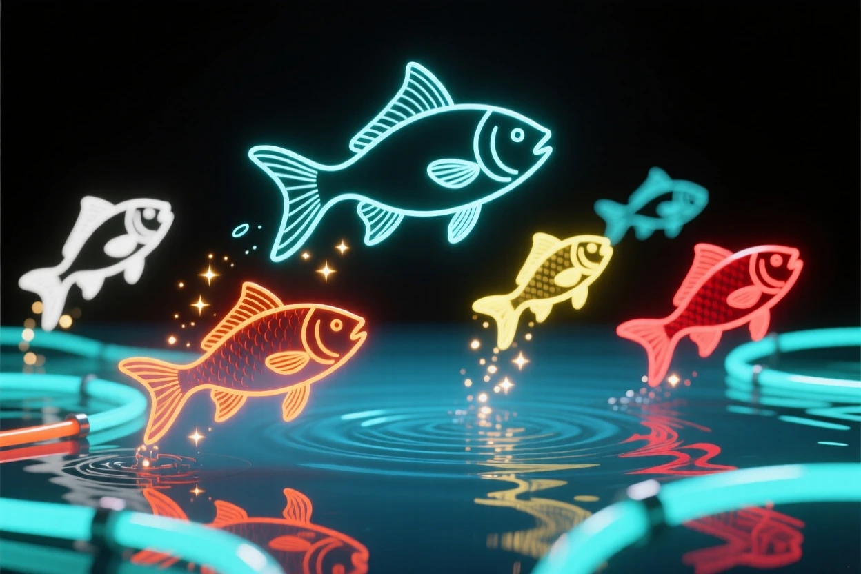 A pond where fish leap and turn briefly into flickers of light.