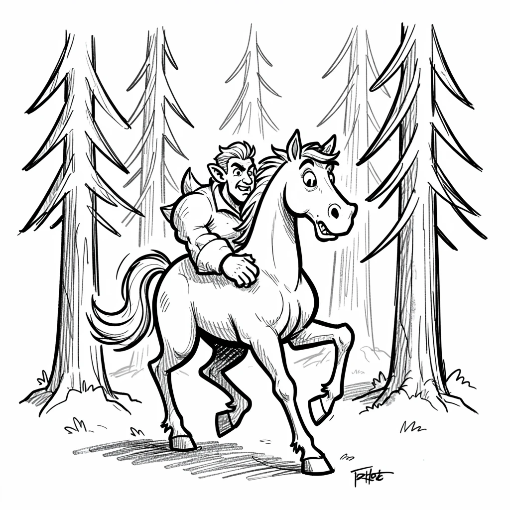 A centaur walking through a sunlit forest in a forest of towering pines.