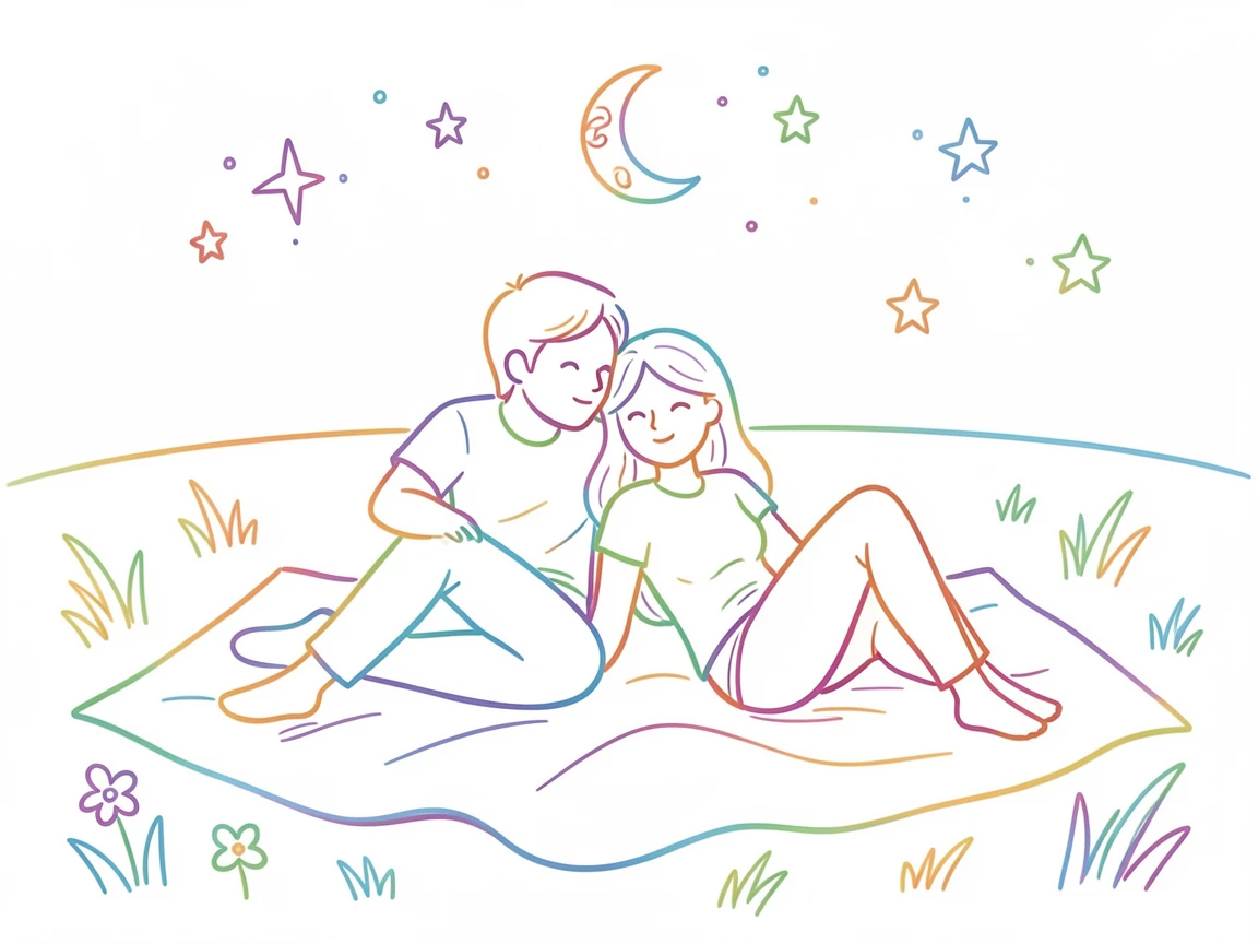A couple stargazing together, lying on a blanket in an open field.
