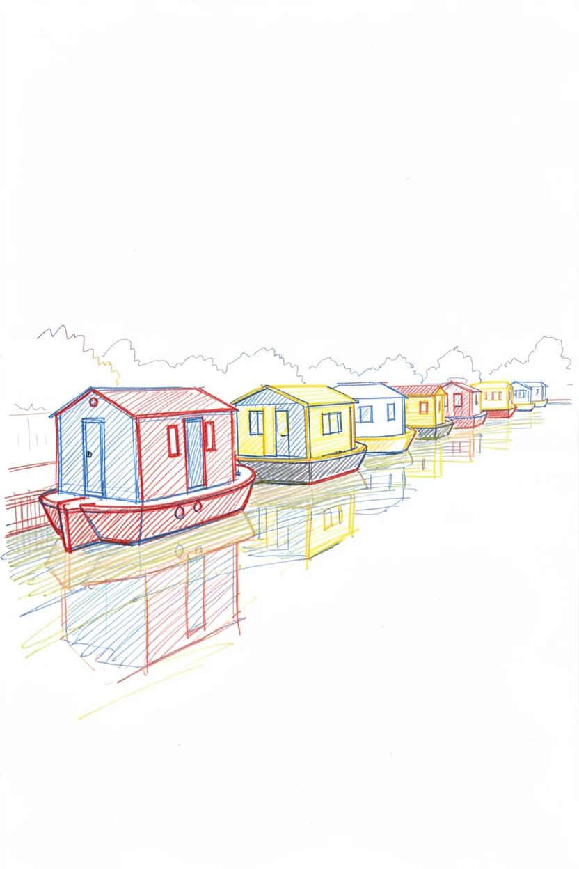 A row of colorful houseboats moored along a quiet canal