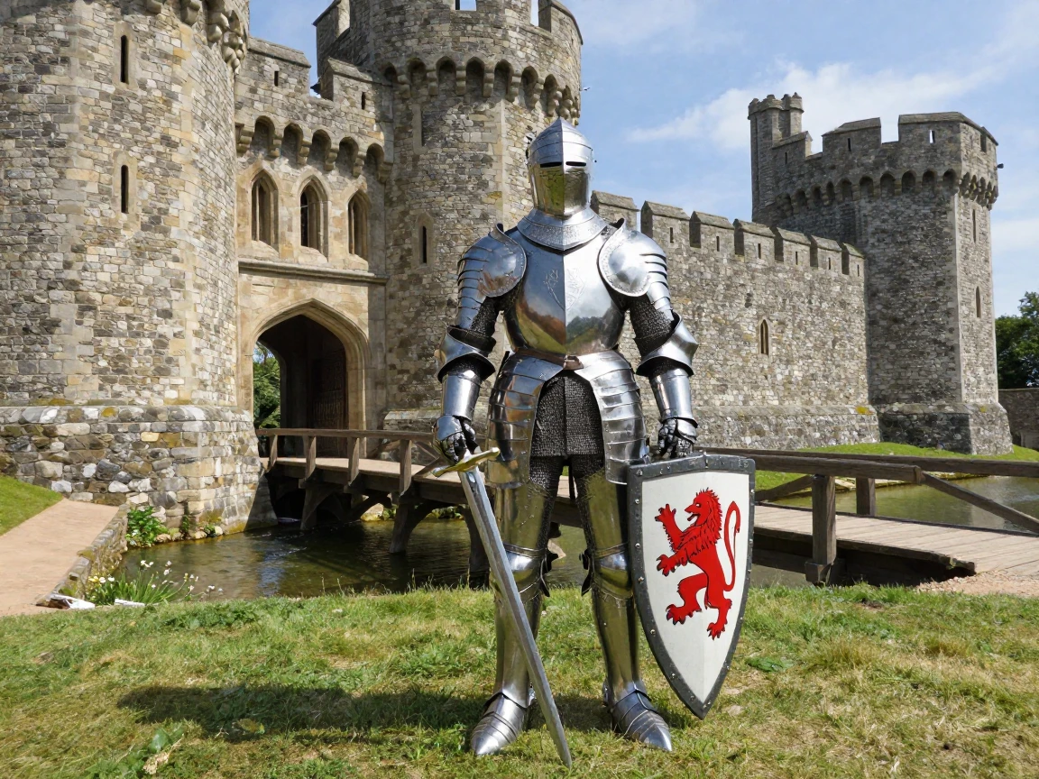 A knight in gleaming armor standing before a medieval castle
