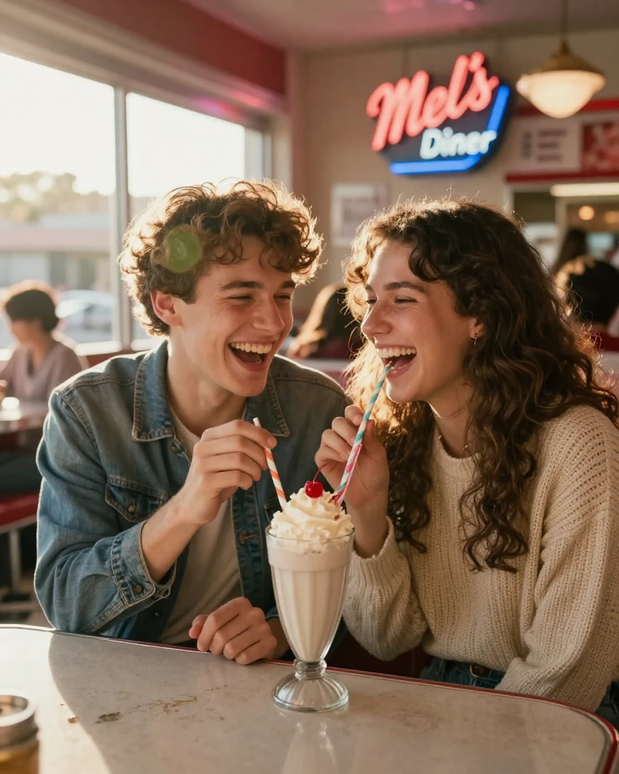 Two best friends laughing hysterically while sharing a milkshake with two straws