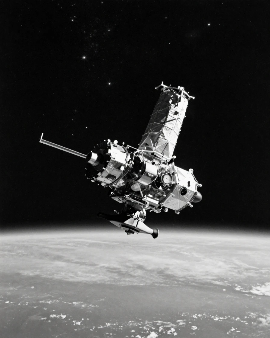 A space telescope drifts silently against a field of stars above Earth's curved horizon.