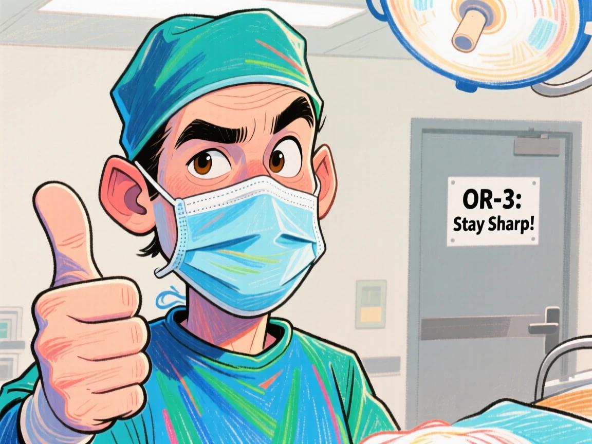 A surgeon scrubbed in, mask and cap on, giving a confident thumbs up before an operation.