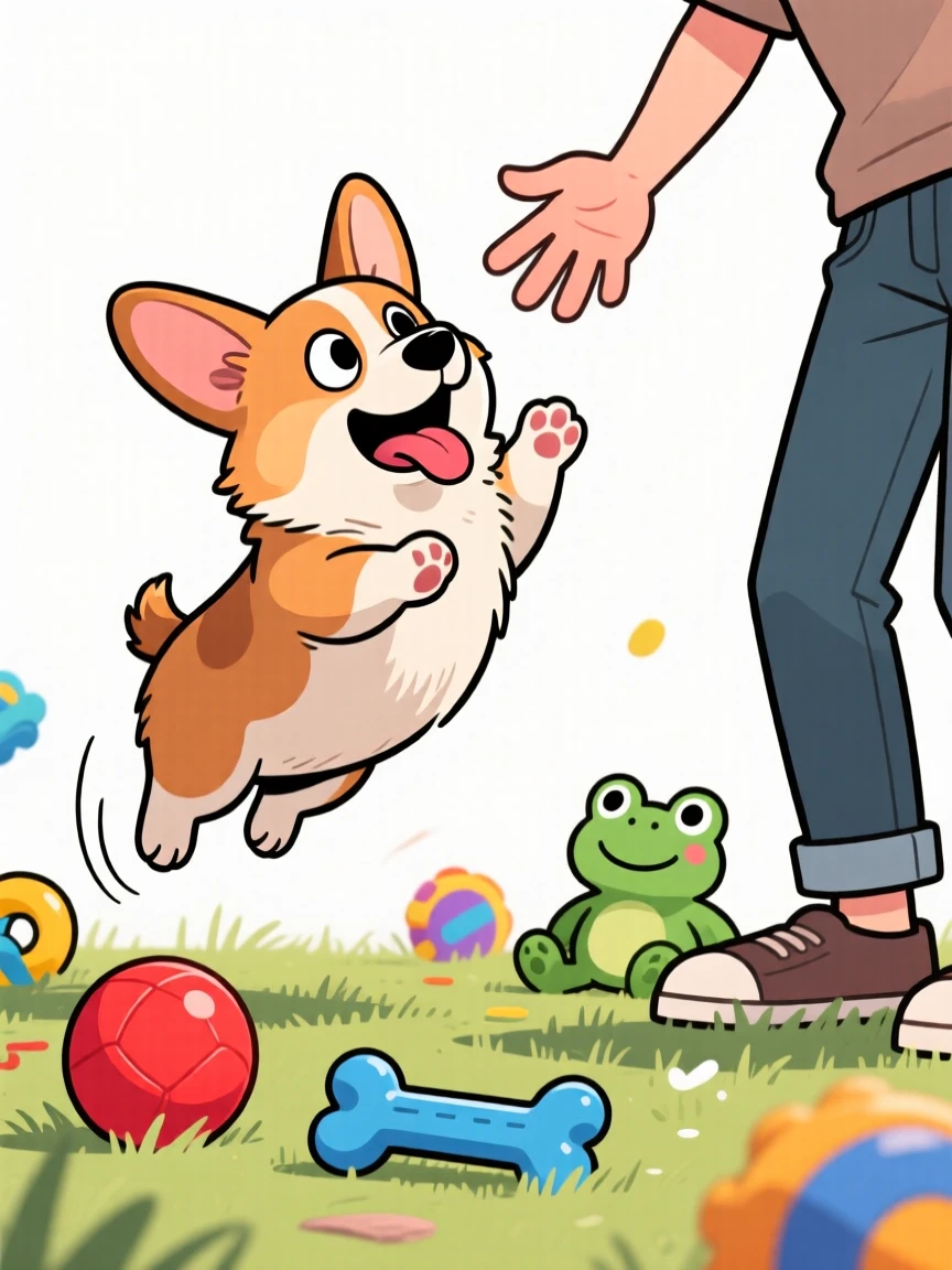A playful pet moment featuring a tiny stubborn corgi greeting its owner with an overjoyed leap, surrounded by scattered toys.