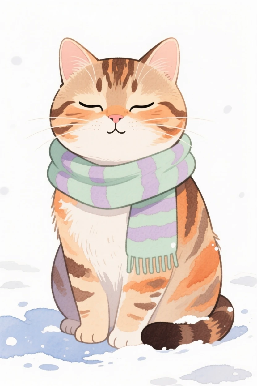 A sleepy tabby cat wearing a cozy scarf in the snow
