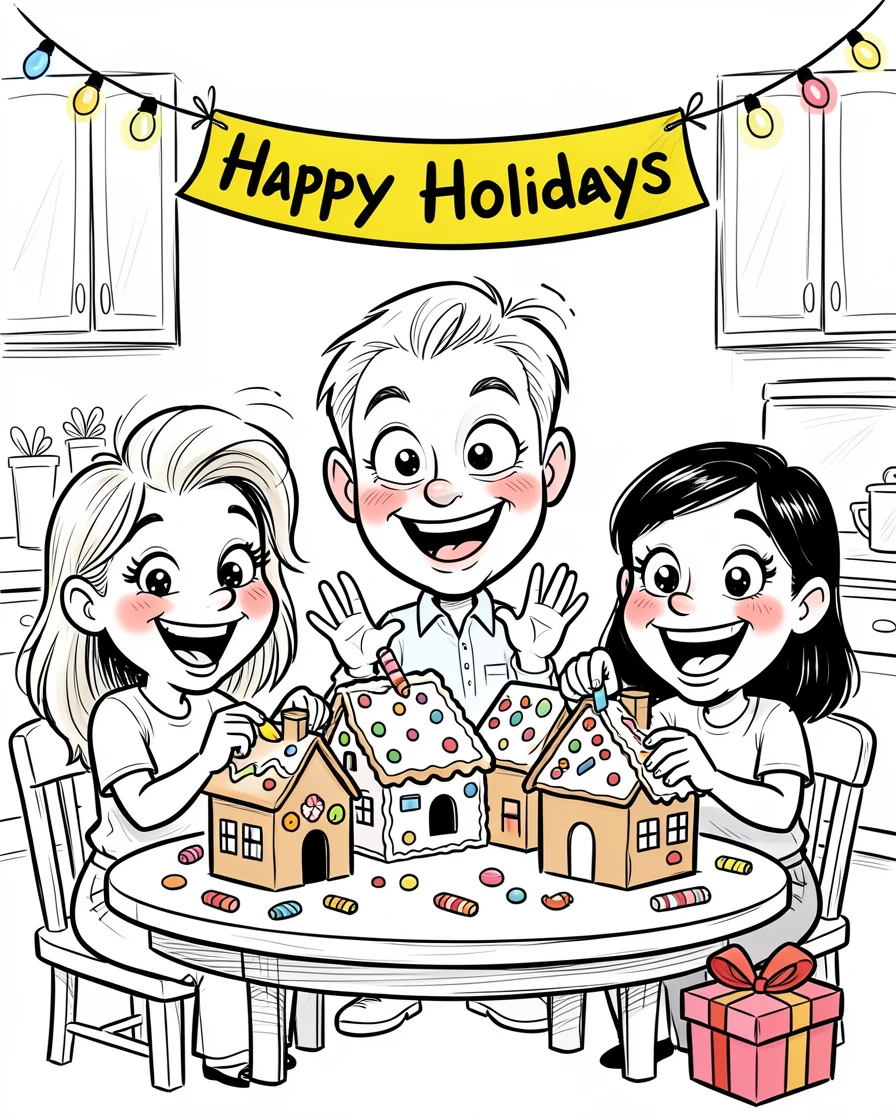 [Seasonal Holidays & Celebrations] Festive scene of a family decorating gingerbread houses together at the kitchen table, full of celebration and joy