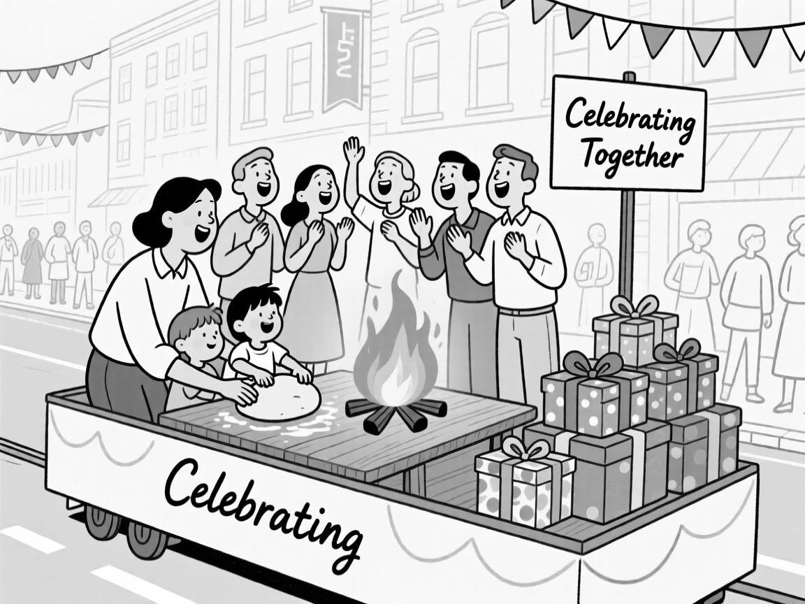A group singing together around a bonfire, guiding small hands through kneading dough, set on a float rolling through a bustling parade. A stack of gifts wrapped in bright paper waits nearby. It radiates the timeless magic of coming together to celebrate.